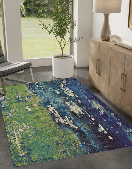 Navy Blue 7' 1 x 10' Estrella Rectangle Area Rug 100% Polypropylene Non-Shedding Stain Resistant Carpet Colorful Modern Abstract Design Easy Clean for Home Decor for Sale at Rug Engine