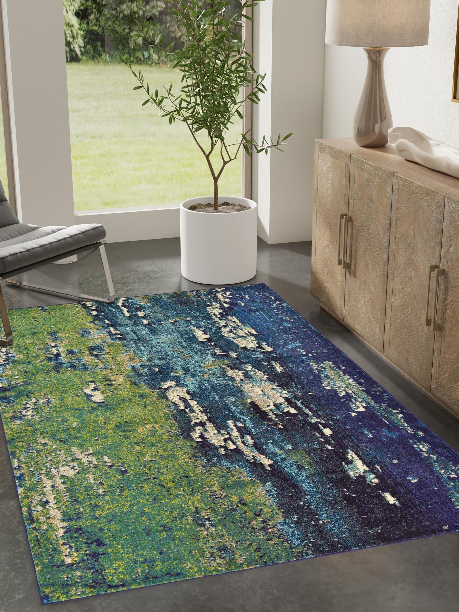 Navy Blue 5' 1 x 8' Estrella Rectangle Area Rug 100% Polypropylene Non-Shedding Stain Resistant Carpet Colorful Modern Abstract Design Easy Clean for Home Decor for Sale at Rug Engine