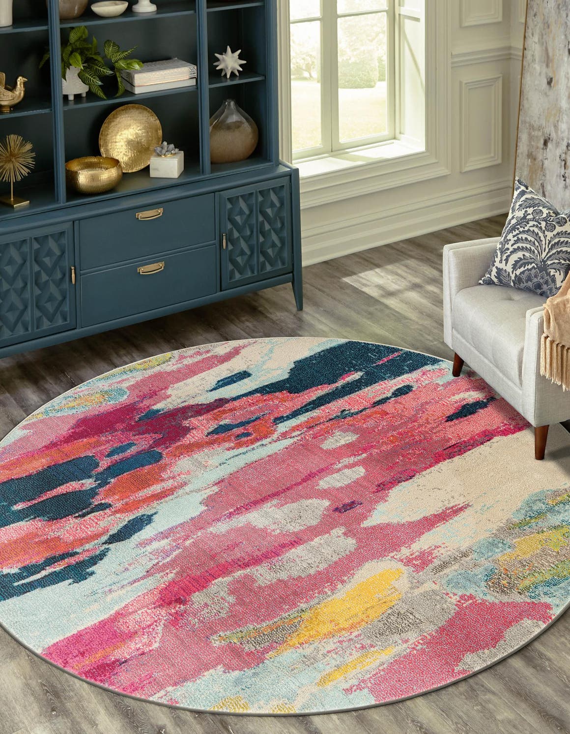 Pink 4' 1 x 4' 1 Estrella Round Area Rug 100% Polypropylene Non-Shedding Stain Resistant Carpet Colorful Modern Abstract Design Easy Clean for Home Decor for Sale at Rug Engine