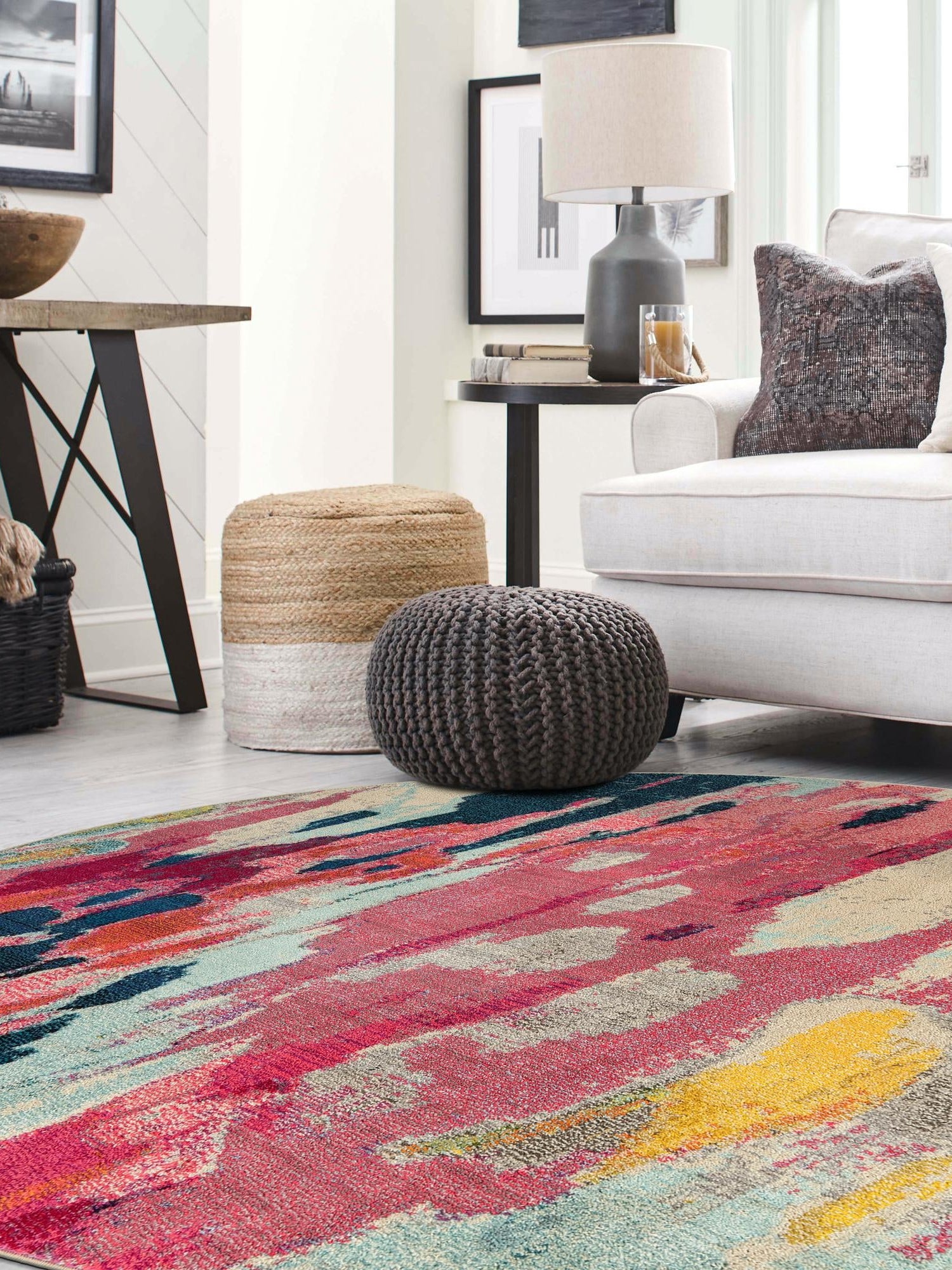 Pink 6' 1 x 6' 1 Estrella Round Area Rug 100% Polypropylene Non-Shedding Stain Resistant Carpet Colorful Modern Abstract Design Easy Clean for Home Decor for Sale at Rug Engine