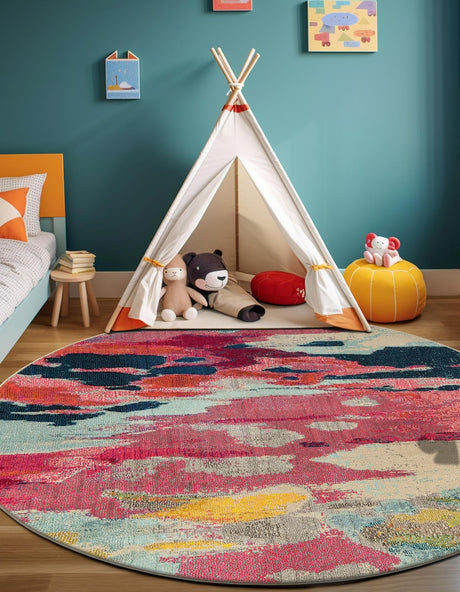 Pink 3' 3 x 3' 3 Estrella Round Area Rug 100% Polypropylene Non-Shedding Stain Resistant Carpet Colorful Modern Abstract Design Easy Clean for Home Decor for Sale at Rug Engine