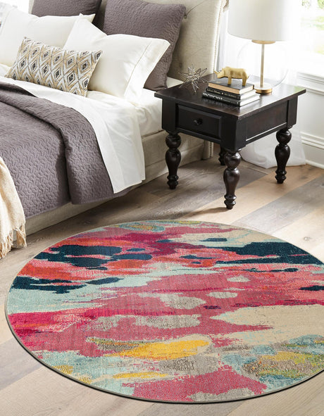 Pink 7' 10 x 7' 10 Estrella Round Area Rug 100% Polypropylene Non-Shedding Stain Resistant Carpet Colorful Modern Abstract Design Easy Clean for Home Decor for Sale at Rug Engine