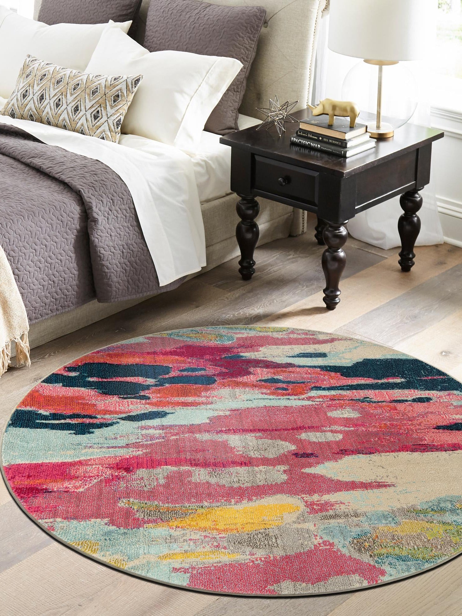 Pink 6' 1 x 6' 1 Estrella Round Area Rug 100% Polypropylene Non-Shedding Stain Resistant Carpet Colorful Modern Abstract Design Easy Clean for Home Decor for Sale at Rug Engine