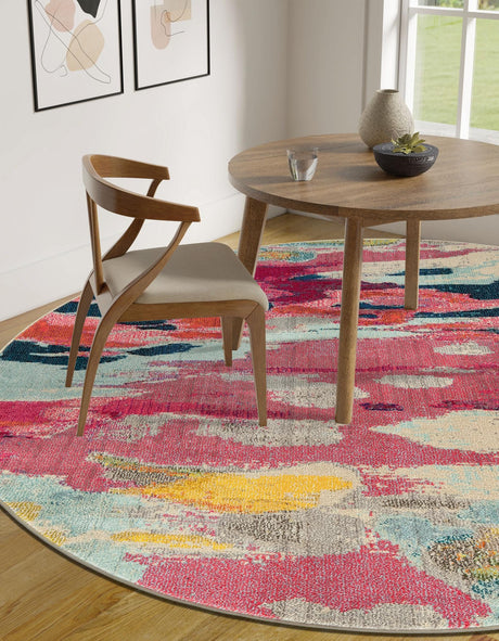 Pink 5' 3 x 5' 3 Estrella Round Area Rug 100% Polypropylene Non-Shedding Stain Resistant Carpet Colorful Modern Abstract Design Easy Clean for Home Decor for Sale at Rug Engine