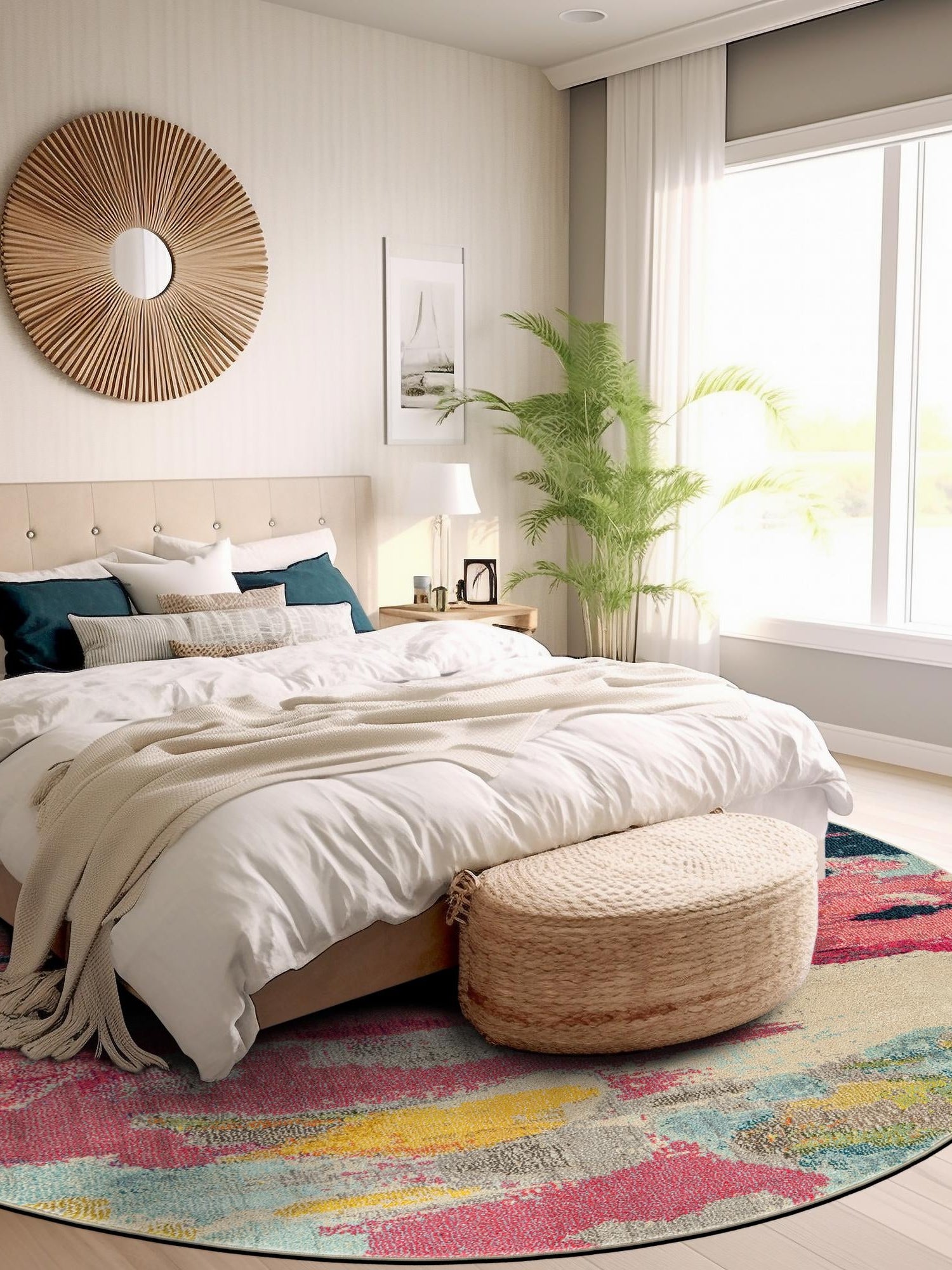 Pink 6' 1 x 6' 1 Estrella Round Area Rug 100% Polypropylene Non-Shedding Stain Resistant Carpet Colorful Modern Abstract Design Easy Clean for Home Decor for Sale at Rug Engine