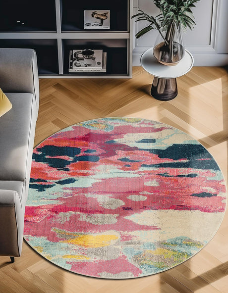 Pink 7' 10 x 7' 10 Estrella Round Area Rug 100% Polypropylene Non-Shedding Stain Resistant Carpet Colorful Modern Abstract Design Easy Clean for Home Decor for Sale at Rug Engine