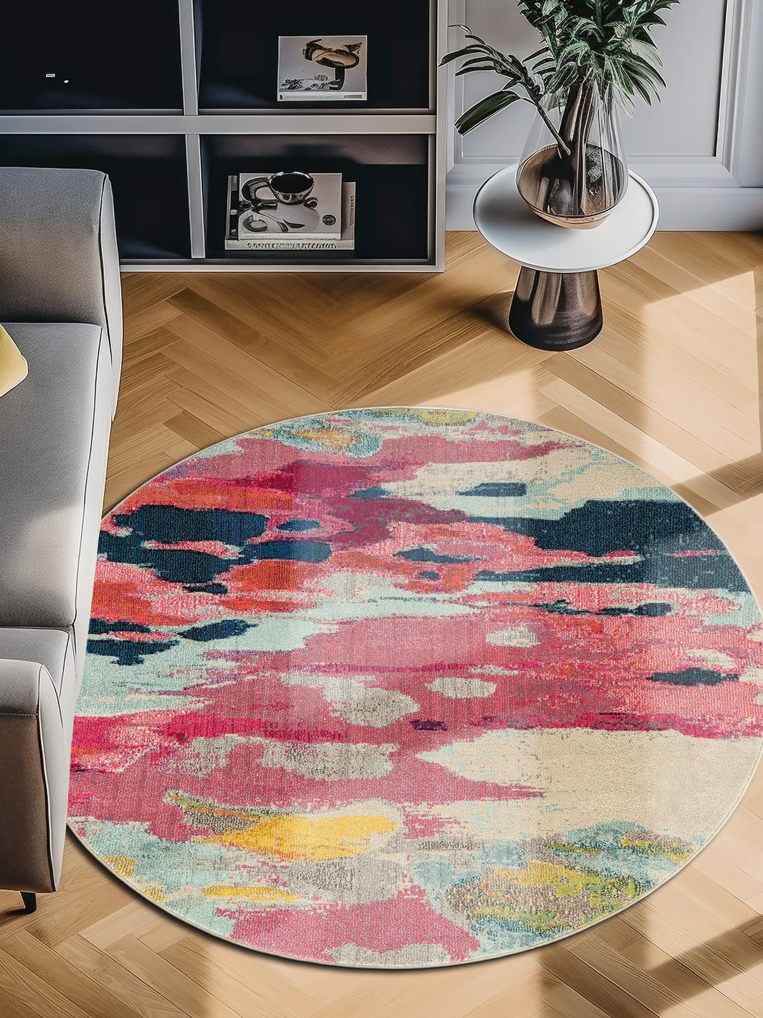 Pink 5' 3 x 5' 3 Estrella Round Area Rug 100% Polypropylene Non-Shedding Stain Resistant Carpet Colorful Modern Abstract Design Easy Clean for Home Decor for Sale at Rug Engine