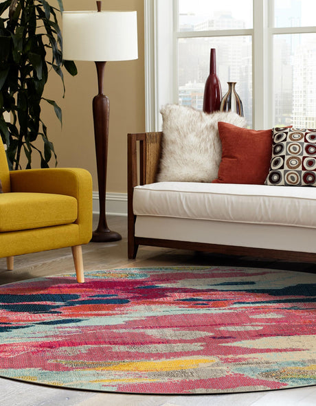 Pink 4' 1 x 4' 1 Estrella Round Area Rug 100% Polypropylene Non-Shedding Stain Resistant Carpet Colorful Modern Abstract Design Easy Clean for Home Decor for Sale at Rug Engine
