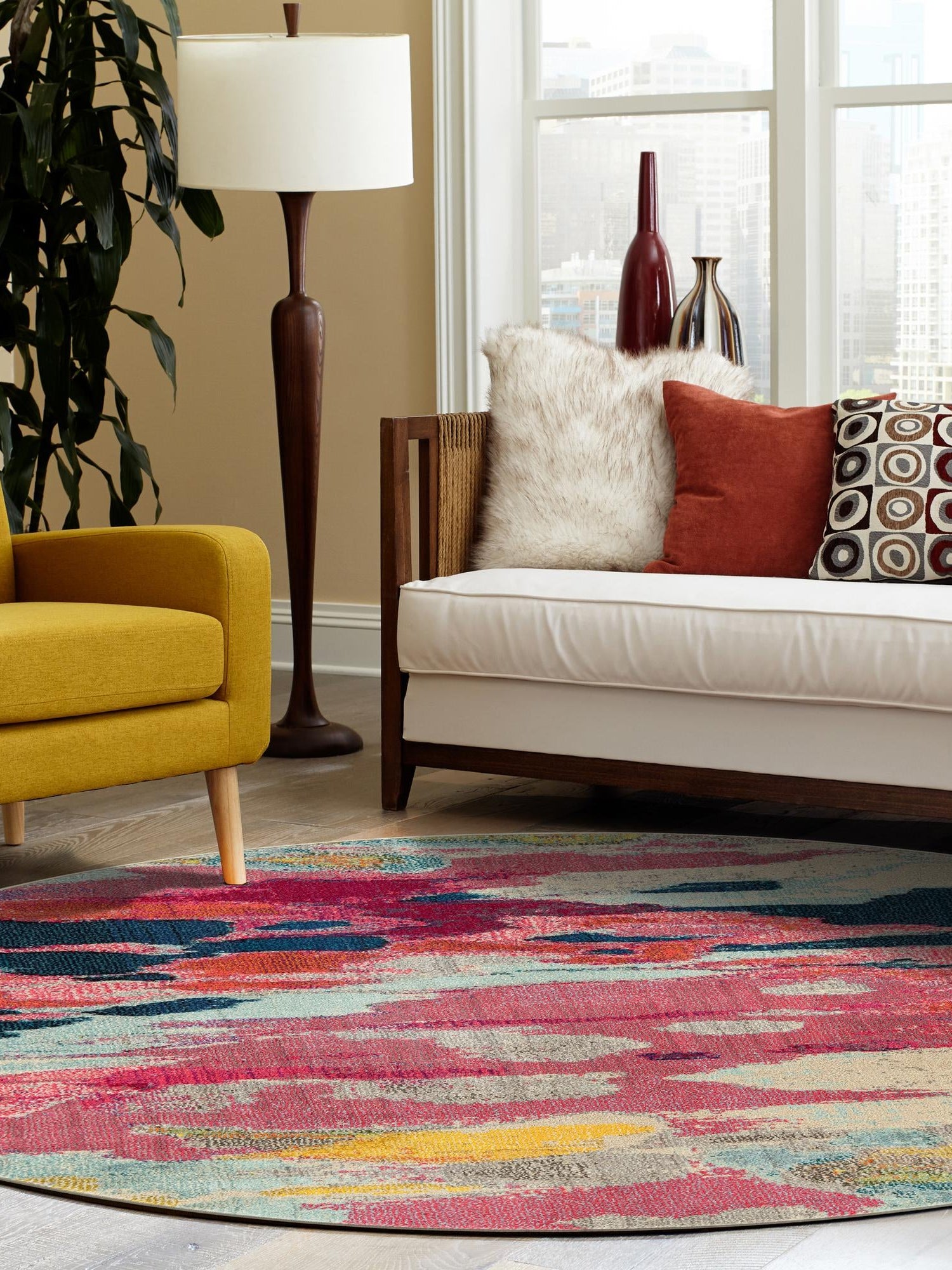 Pink 5' 3 x 5' 3 Estrella Round Area Rug 100% Polypropylene Non-Shedding Stain Resistant Carpet Colorful Modern Abstract Design Easy Clean for Home Decor for Sale at Rug Engine