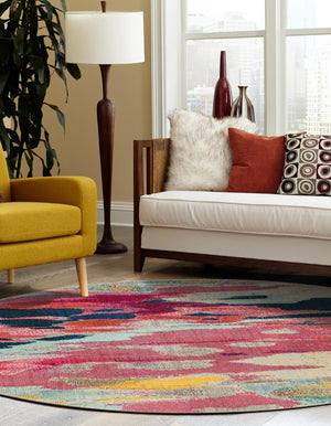 Pink 5' 3 x 5' 3 Estrella Round Area Rug 100% Polypropylene Non-Shedding Stain Resistant Carpet Colorful Modern Abstract Design Easy Clean for Home Decor for Sale at Rug Engine