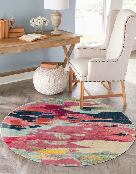 Pink 7' 10 x 7' 10 Estrella Round Area Rug 100% Polypropylene Non-Shedding Stain Resistant Carpet Colorful Modern Abstract Design Easy Clean for Home Decor for Sale at Rug Engine