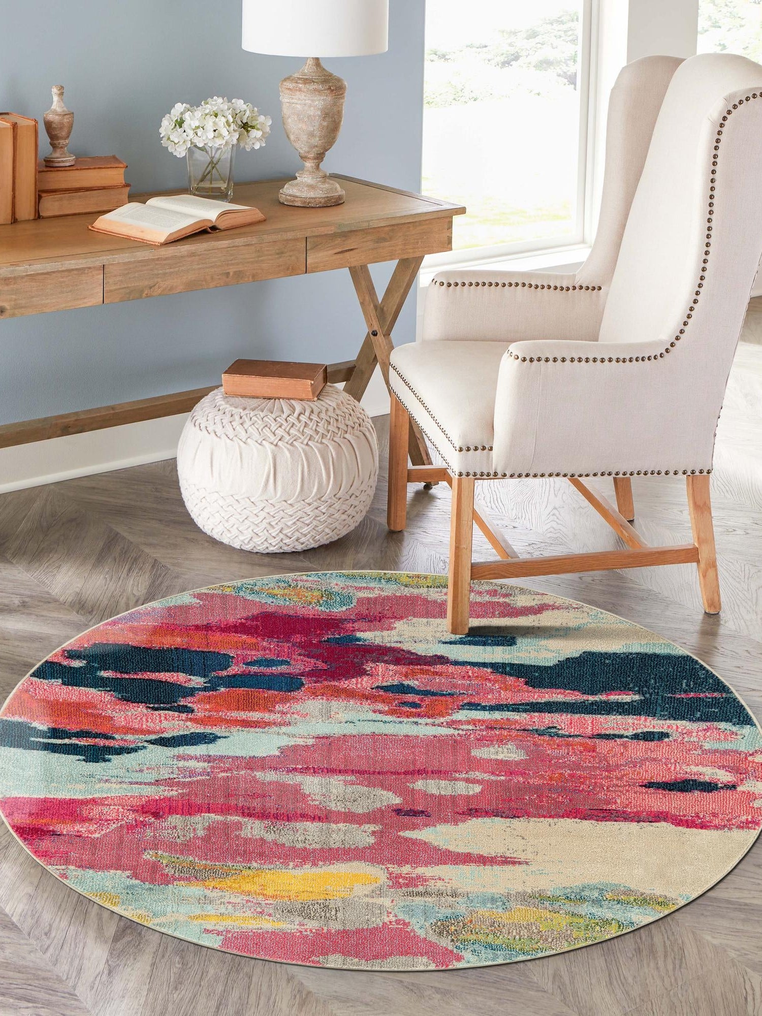Pink 5' 3 x 5' 3 Estrella Round Area Rug 100% Polypropylene Non-Shedding Stain Resistant Carpet Colorful Modern Abstract Design Easy Clean for Home Decor for Sale at Rug Engine