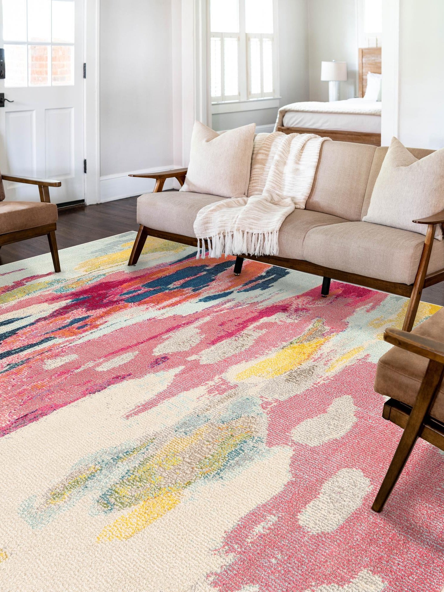 Pink 7' x 10' Estrella Rectangle Area Rug 100% Polypropylene Non-Shedding Stain Resistant Carpet Colorful Modern Abstract Design Easy Clean for Home Decor for Sale at Rug Engine