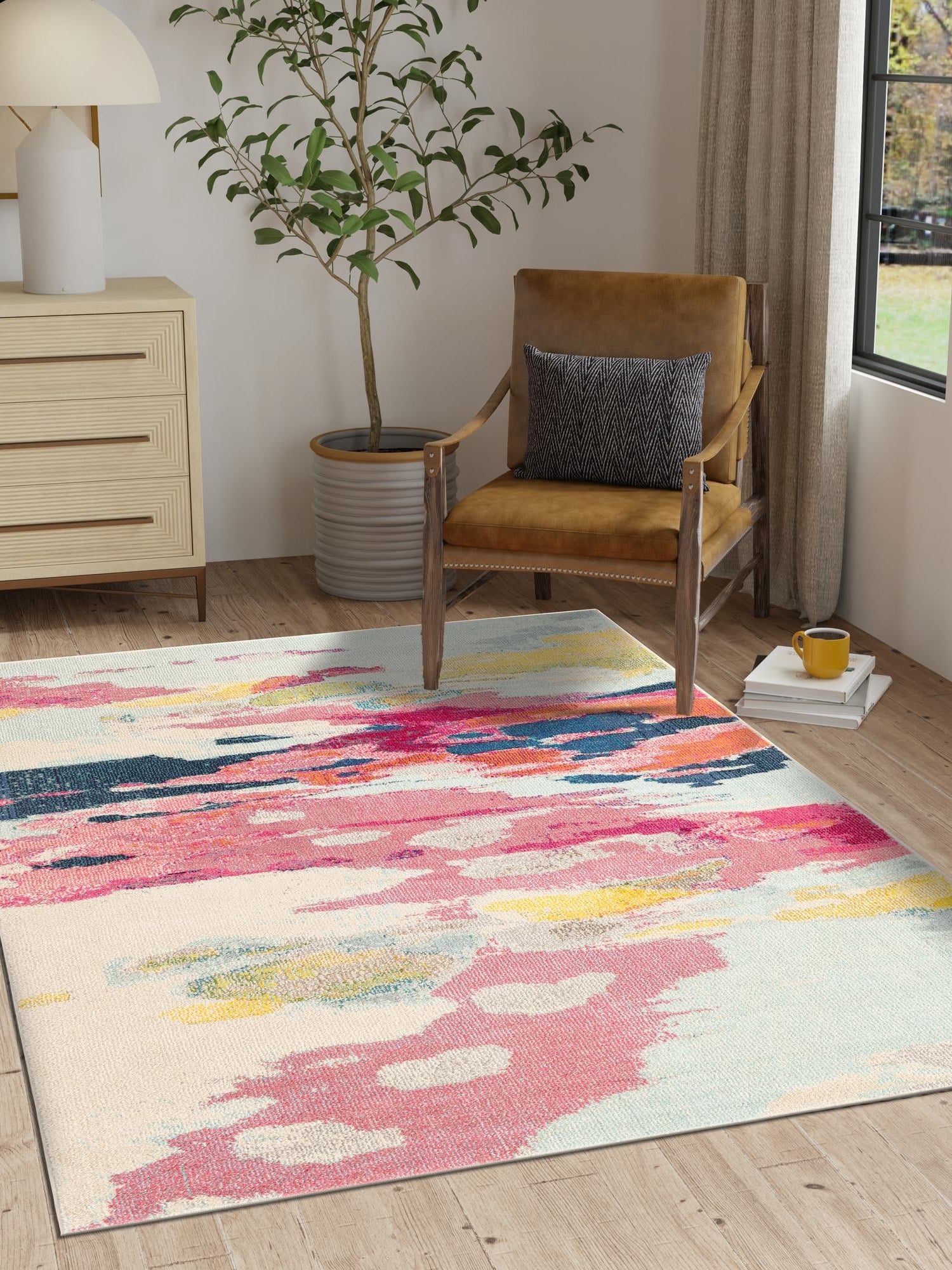 Pink 5' 1 x 8' Estrella Rectangle Area Rug 100% Polypropylene Non-Shedding Stain Resistant Carpet Colorful Modern Abstract Design Easy Clean for Home Decor for Sale at Rug Engine