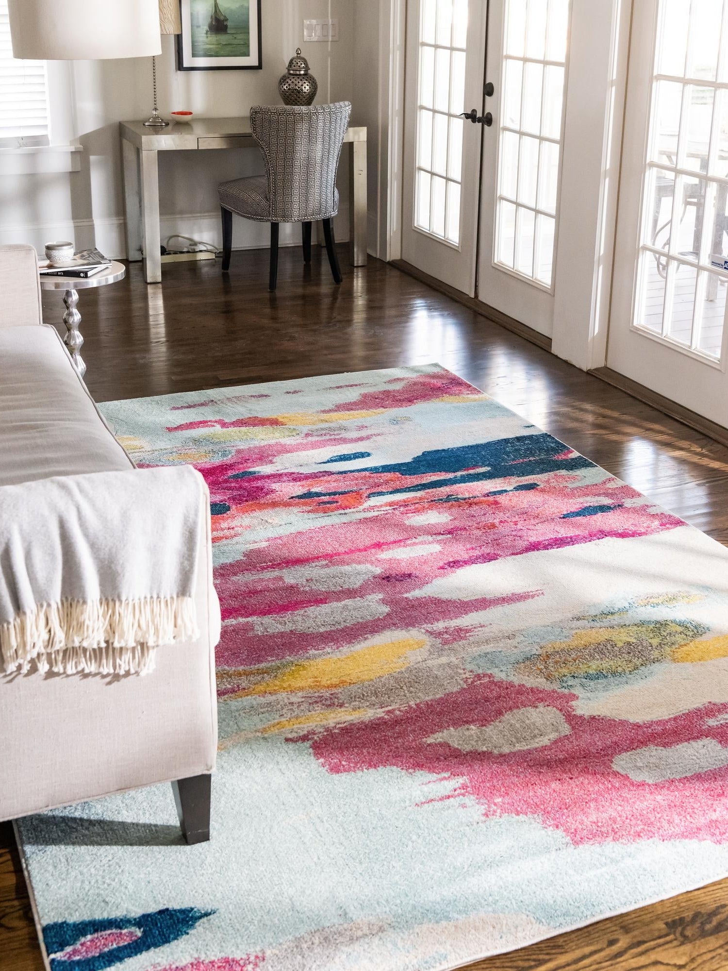 Pink 5' 1 x 8' Estrella Rectangle Area Rug 100% Polypropylene Non-Shedding Stain Resistant Carpet Colorful Modern Abstract Design Easy Clean for Home Decor for Sale at Rug Engine