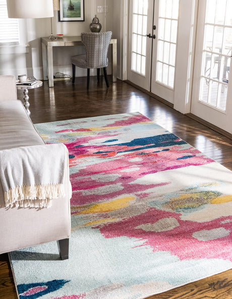 Pink 8' x 11' Estrella Rectangle Area Rug 100% Polypropylene Non-Shedding Stain Resistant Carpet Colorful Modern Abstract Design Easy Clean for Home Decor for Sale at Rug Engine