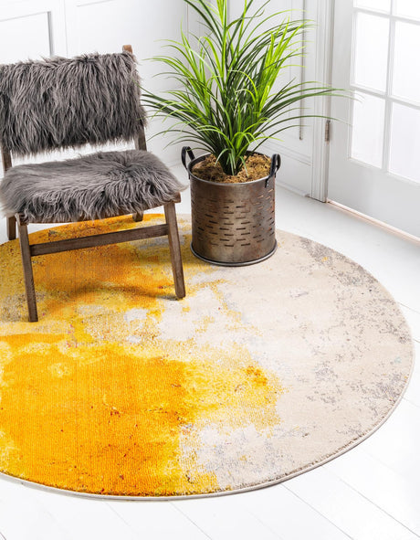 Yellow 6' 1 x 6' 1 Estrella Round Area Rug 100% Polypropylene Non-Shedding Stain Resistant Carpet Colorful Modern Abstract Design Easy Clean for Home Decor for Sale at Rug Engine