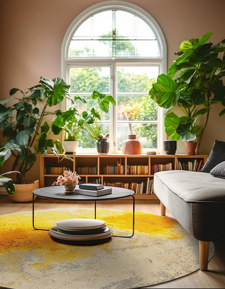 Yellow 6' 1 x 6' 1 Estrella Round Area Rug 100% Polypropylene Non-Shedding Stain Resistant Carpet Colorful Modern Abstract Design Easy Clean for Home Decor for Sale at Rug Engine