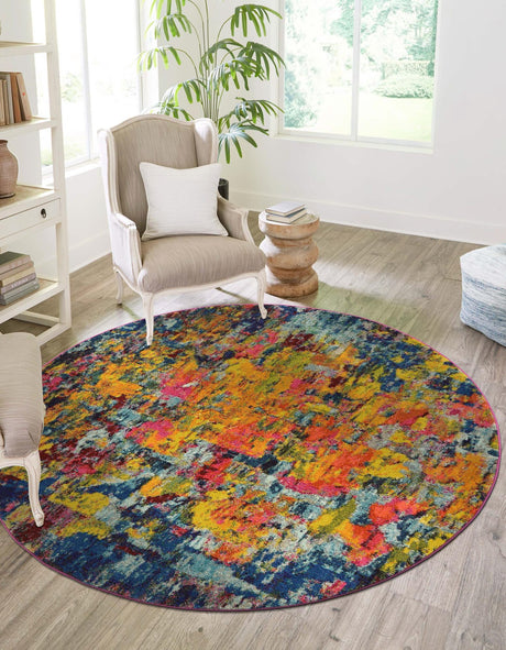 Multicolor 8' x 8' Estrella Round Area Rug 100% Polypropylene Non-Shedding Stain Resistant Carpet Colorful Modern Abstract Design Easy Clean for Home Decor for Sale at Rug Engine