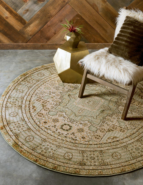 Light Green 6' 1 x 6' 1 Palace Round Area Rug Traditional Motif Design 100% Polypropylene Majestic Carpet for Elegant Interior Decorating for Sale at Rug Engine
