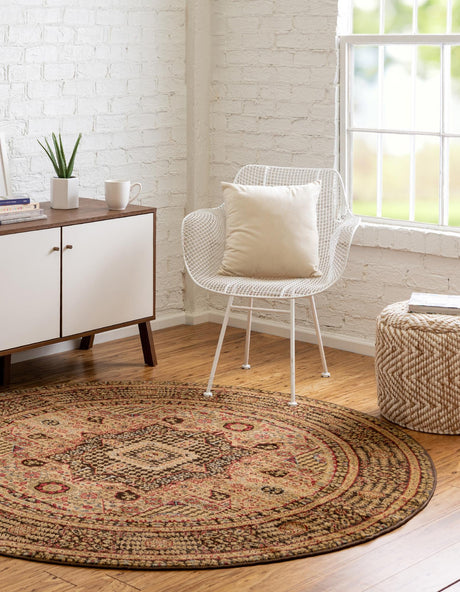 Brown 8' x 8' Palace Round Area Rug Traditional Motif Design 100% Polypropylene Majestic Carpet for Elegant Interior Decorating for Sale at Rug Engine