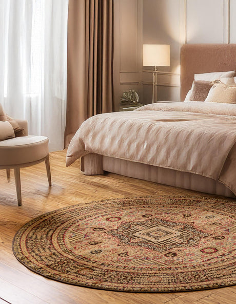 Brown 8' x 8' Palace Round Area Rug Traditional Motif Design 100% Polypropylene Majestic Carpet for Elegant Interior Decorating for Sale at Rug Engine