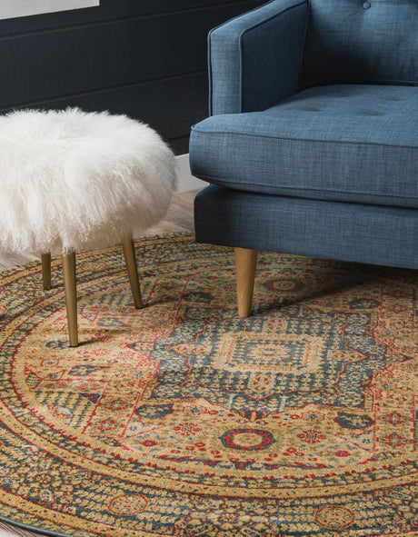 Blue 5' 1 x 5' 1 Palace Round Area Rug Traditional Motif Design 100% Polypropylene Majestic Carpet for Elegant Interior Decorating for Sale at Rug Engine
