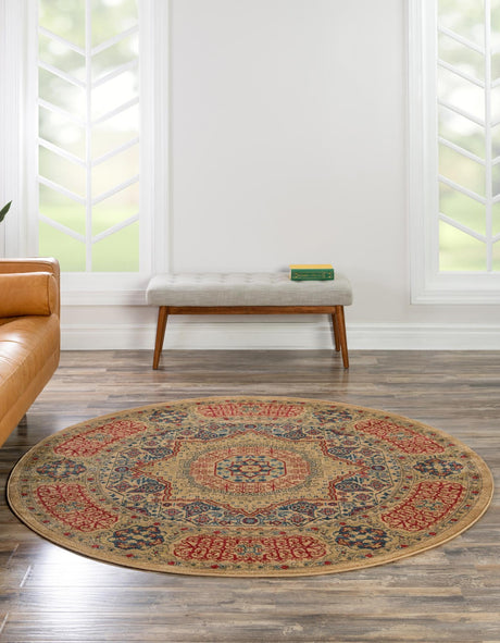 Beige 6' 1 x 6' 1 Palace Round Area Rug Traditional Motif Design 100% Polypropylene Majestic Carpet for Elegant Interior Decorating for Sale at Rug Engine