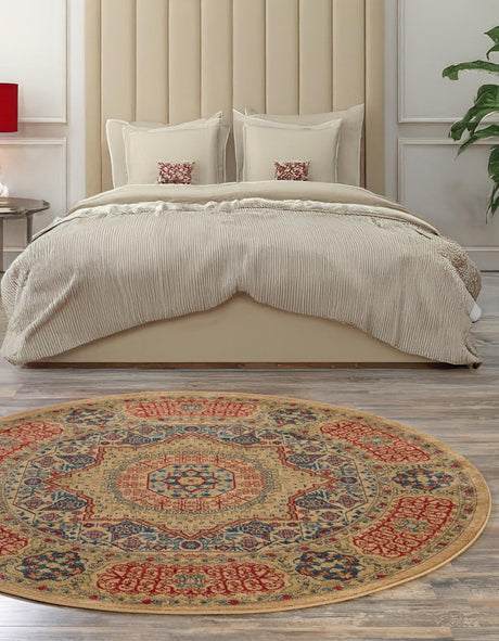Beige 8' x 8' Palace Round Area Rug Traditional Motif Design 100% Polypropylene Majestic Carpet for Elegant Interior Decorating for Sale at Rug Engine