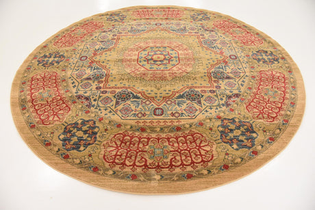 Beige 8' x 8' Palace Round Area Rug Traditional Motif Design 100% Polypropylene Majestic Carpet for Elegant Interior Decorating for Sale at Rug Engine