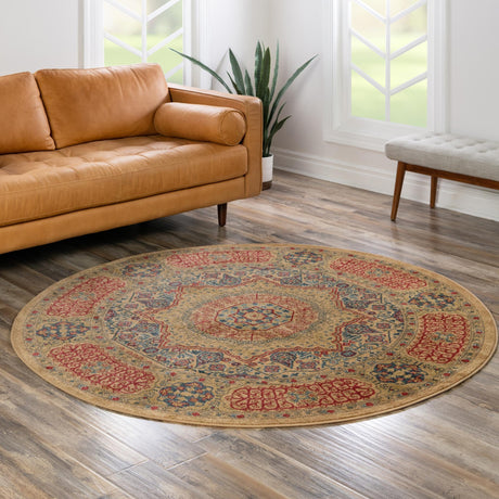 Beige 8' x 8' Palace Round Area Rug Traditional Motif Design 100% Polypropylene Majestic Carpet for Elegant Interior Decorating for Sale at Rug Engine