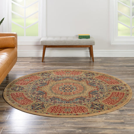 Beige 8' x 8' Palace Round Area Rug Traditional Motif Design 100% Polypropylene Majestic Carpet for Elegant Interior Decorating for Sale at Rug Engine