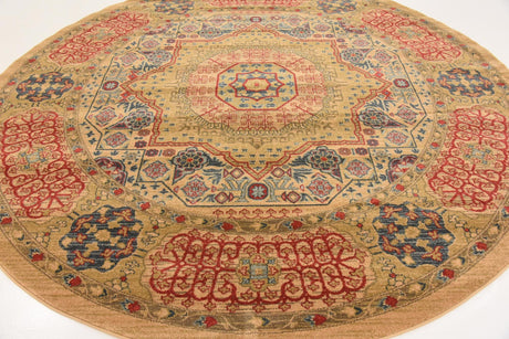 Beige 8' x 8' Palace Round Area Rug Traditional Motif Design 100% Polypropylene Majestic Carpet for Elegant Interior Decorating for Sale at Rug Engine