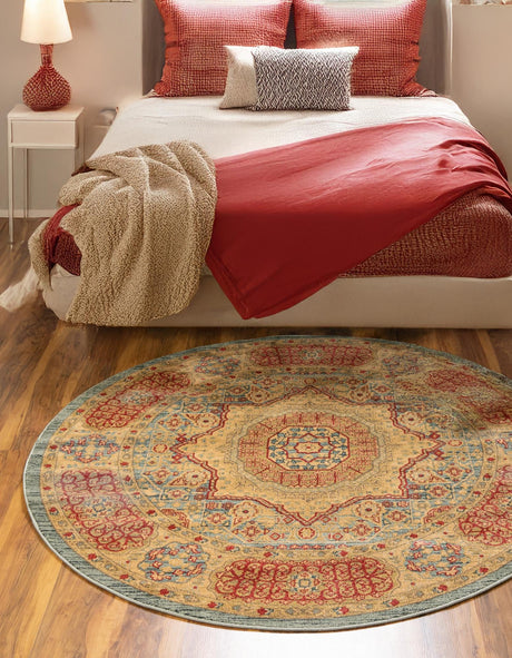 Light Blue 6' 1 x 6' 1 Palace Round Area Rug Traditional Motif Design 100% Polypropylene Majestic Carpet for Elegant Interior Decorating for Sale at Rug Engine