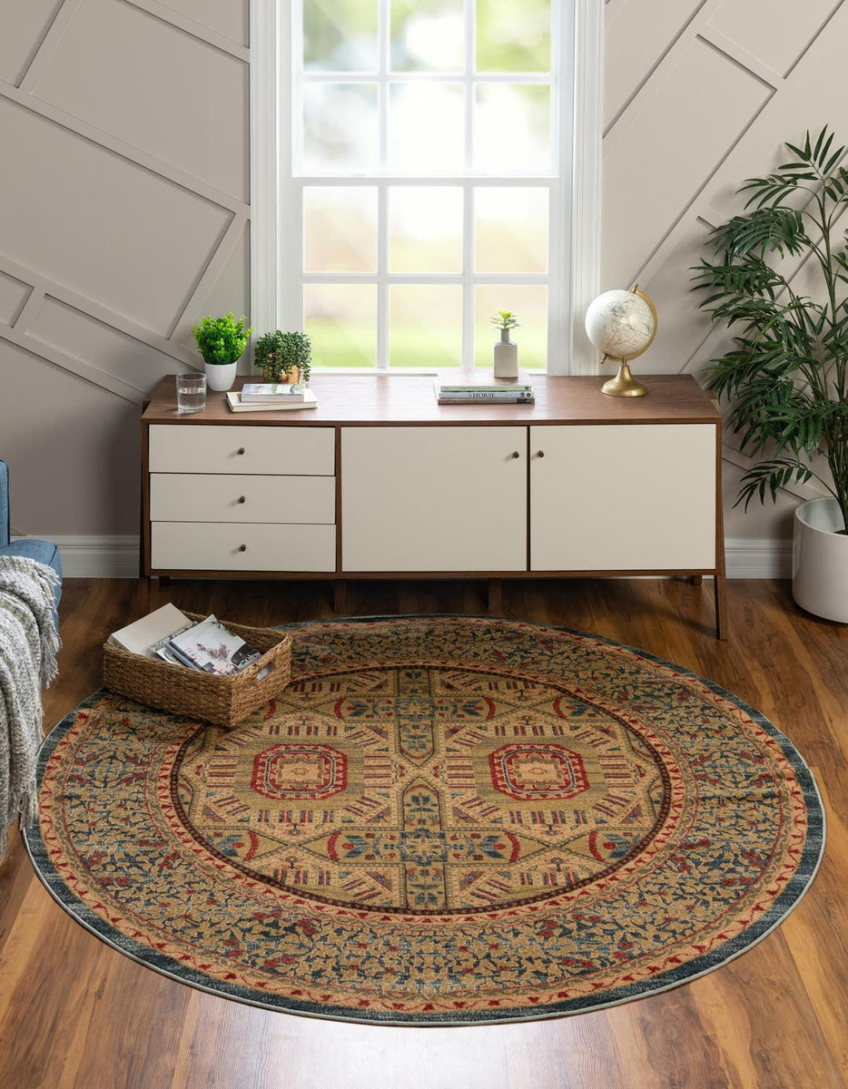 Blue 8' x 8' Palace Round Area Rug Traditional Motif Design 100% Polyp ...