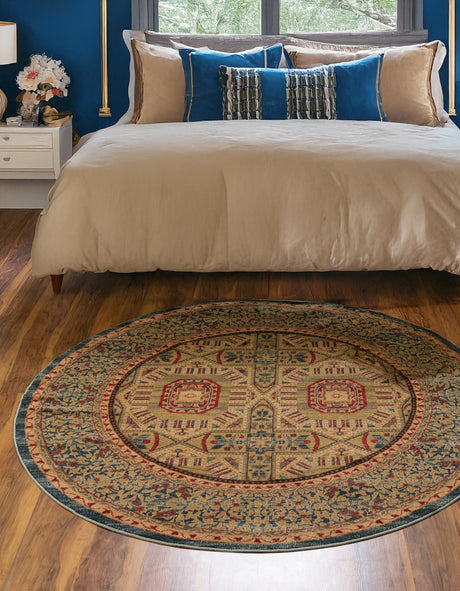 Blue 3' 3 x 3' 3 Palace Round Area Rug Traditional Motif Design 100% Polypropylene Majestic Carpet for Elegant Interior Decorating for Sale at Rug Engine