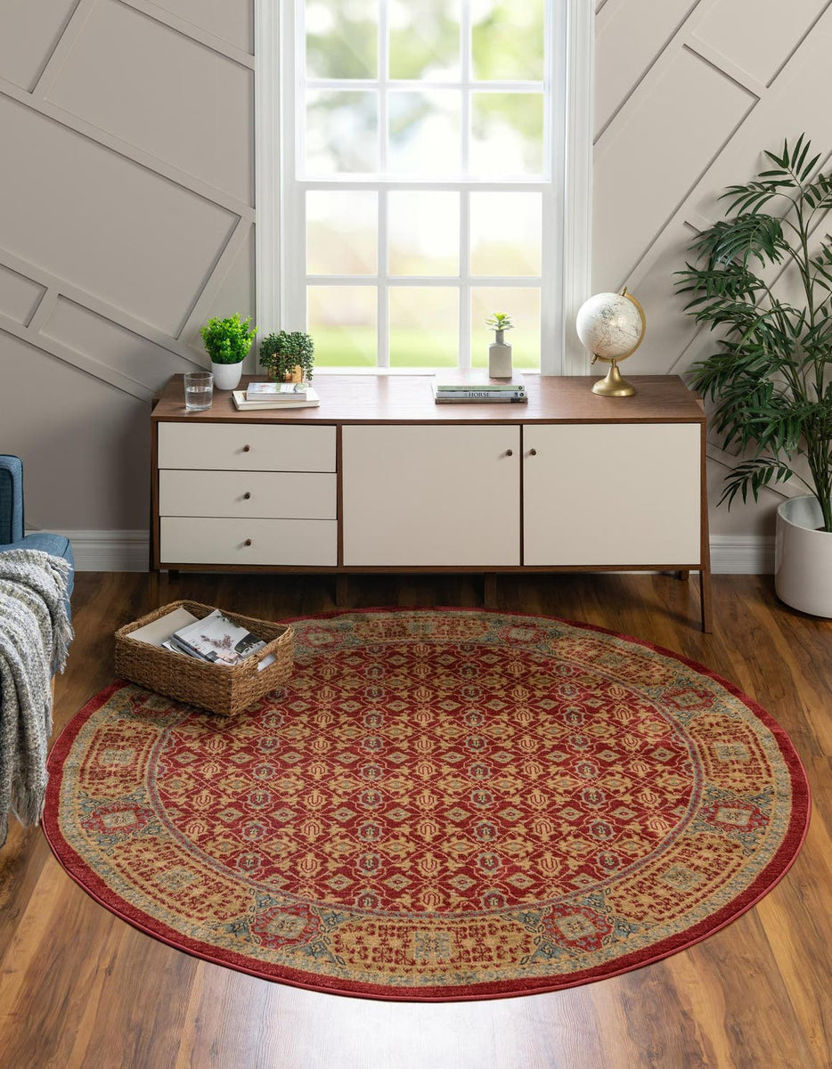 Red 6' 1 x 6' 1 Palace Round Area Rug Traditional Motif Design 100% Po ...