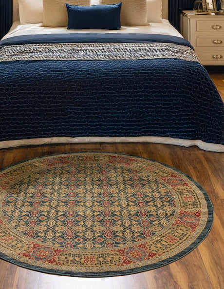Navy Blue 8' x 8' Palace Round Area Rug Traditional Motif Design 100% Polypropylene Majestic Carpet for Elegant Interior Decorating for Sale at Rug Engine
