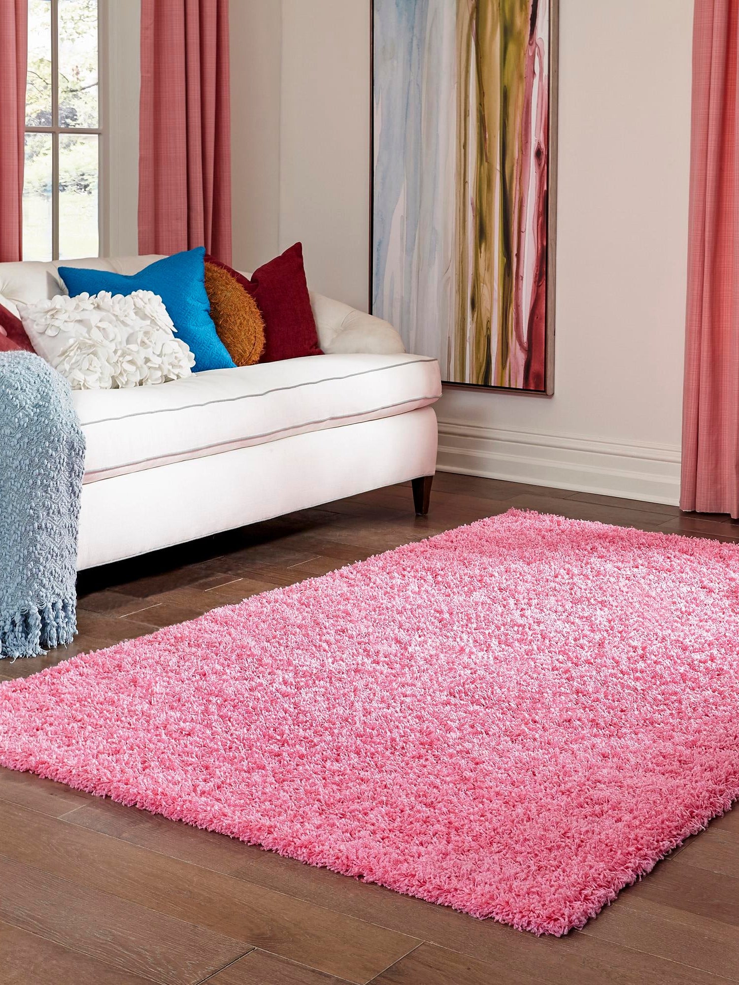 Taffy Pink 7' 1 x 10' Solid Shag Rectangle Area Rug Thick Soft Touch Fluffy & Plush Shaggy Pile Durable Minimalist Carpet for Classic Interior Design for Sale at Rug Engine
