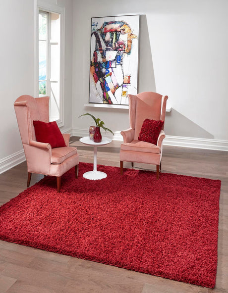 Cherry Red 7' 10 x 7' 10 Solid Shag Square Area Rug Thick Soft Touch Fluffy & Plush Shaggy Pile