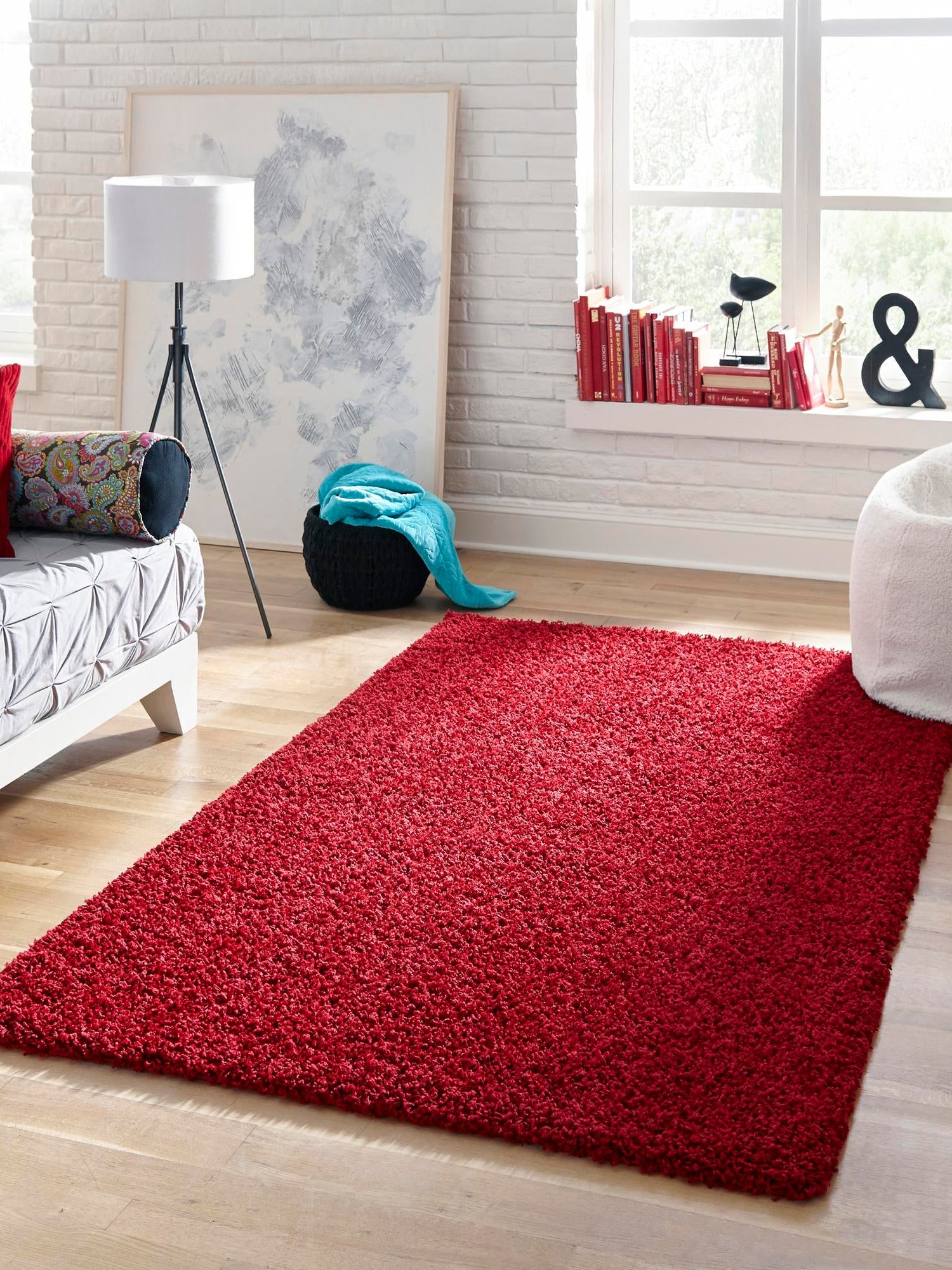 Cherry Red 1' x 1' Solid Shag Sample Area Rug Thick Soft Touch Fluffy & Plush Shaggy Pile Durable Minimalist Carpet for Classic Interior Design for Sale at Rug Engine