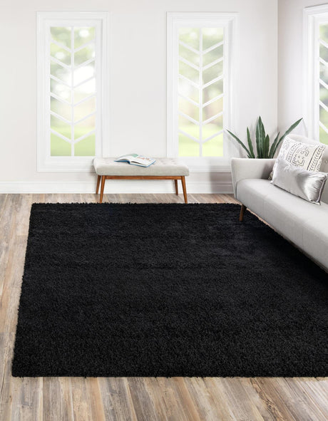 Jet Black 7' 10 x 7' 10 Solid Shag Square Area Rug Thick Soft Touch Fluffy & Plush Shaggy Pile