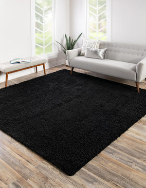 Jet Black 7' 10 x 7' 10 Solid Shag Square Area Rug Thick Soft Touch Fluffy & Plush Shaggy Pile