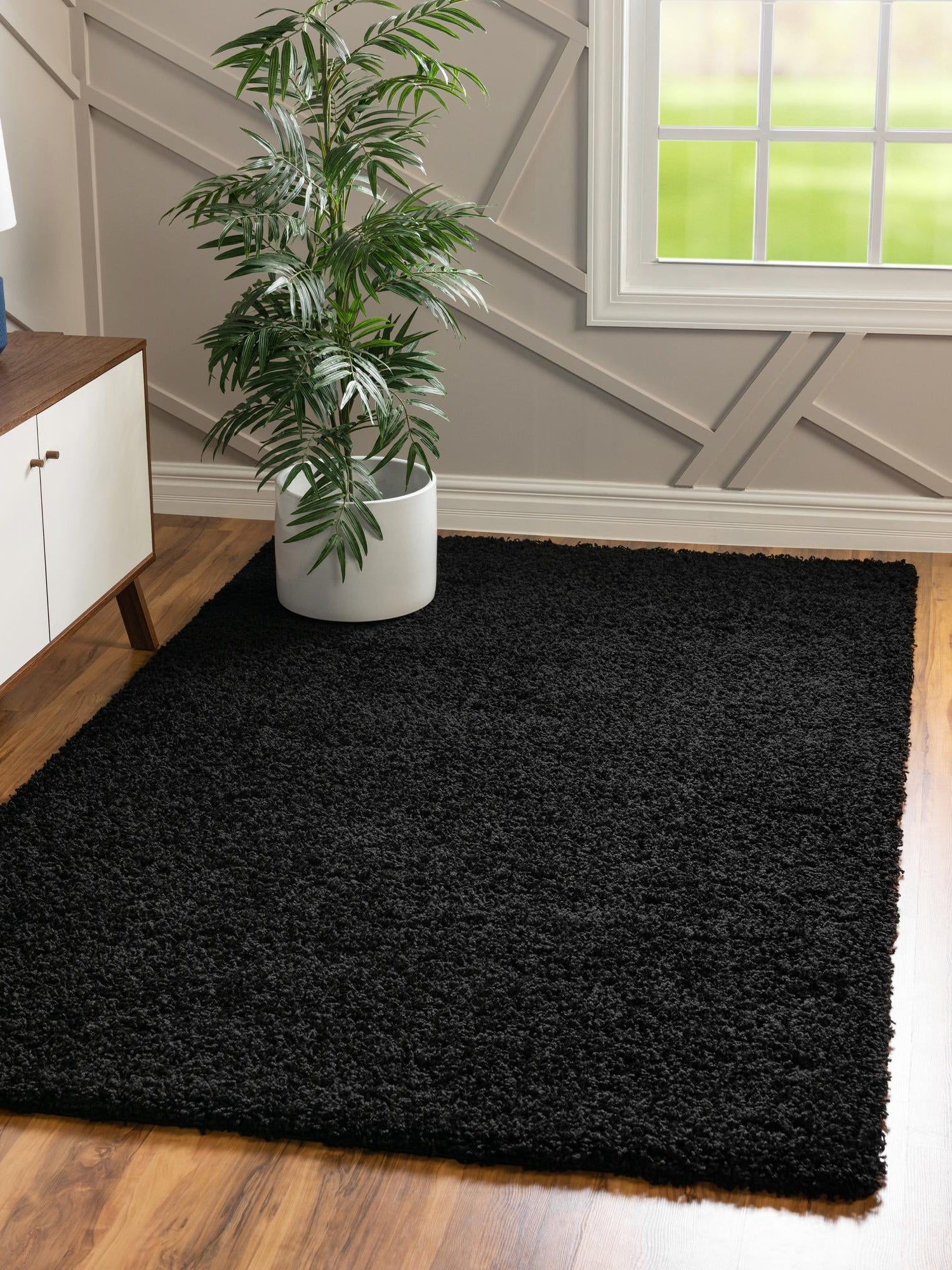 Jet Black 1' x 1' Solid Shag Sample Area Rug Thick Soft Touch Fluffy & Plush Shaggy Pile Durable Minimalist Carpet for Classic Interior Design for Sale at Rug Engine