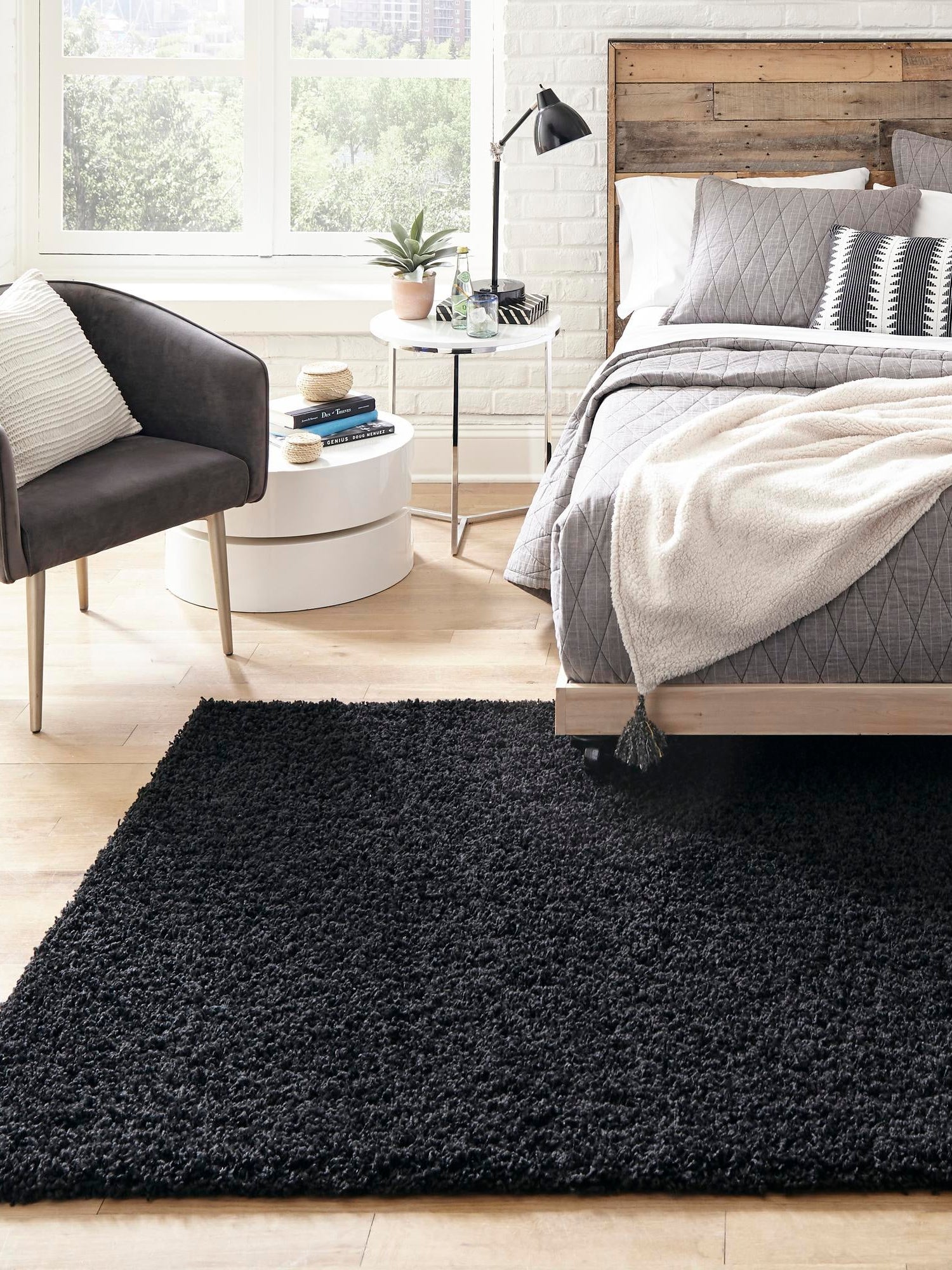 Jet Black 7' 1 x 10' Solid Shag Rectangle Area Rug Thick Soft Touch Fluffy & Plush Shaggy Pile Durable Minimalist Carpet for Classic Interior Design for Sale at Rug Engine