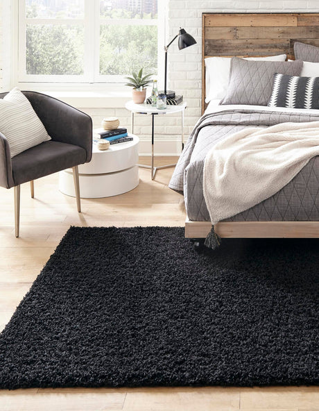 Jet Black 4' 1 x 6' 1 Solid Shag Rectangle Area Rug Thick Soft Touch Fluffy & Plush Shaggy Pile Discounted Clearance Final Sale Durable Minimalist Carpet for Classic Interior Design for Sale at Rug Engine
