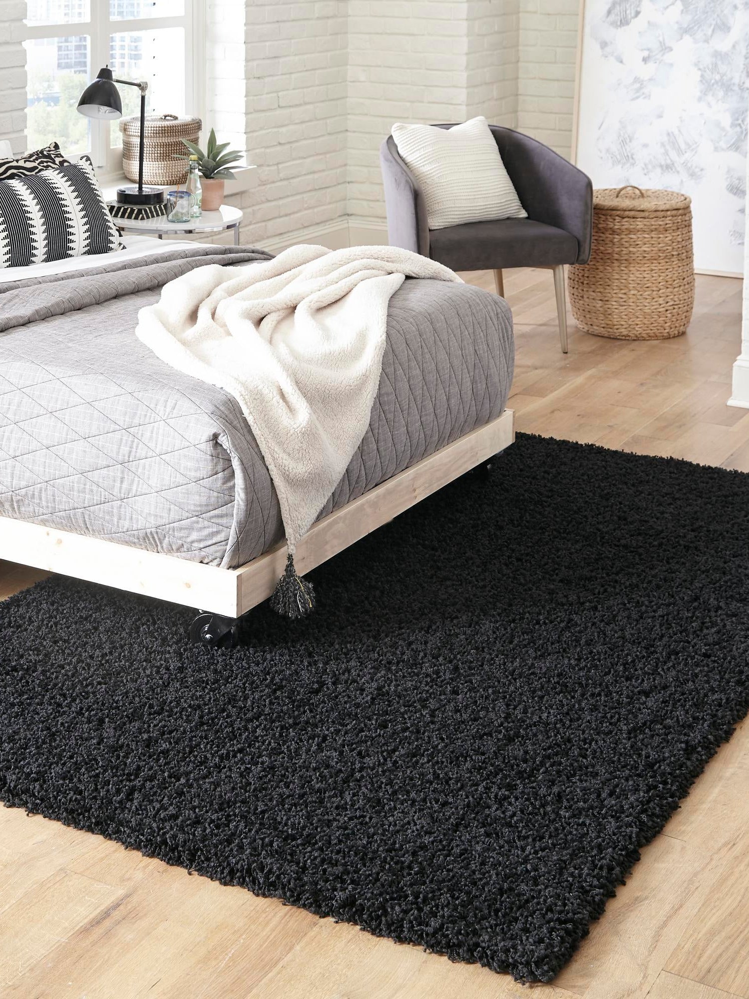 Jet Black 9' x 12' Solid Shag Rectangle Area Rug Thick Soft Touch Fluffy & Plush Shaggy Pile Durable Minimalist Carpet for Classic Interior Design for Sale at Rug Engine
