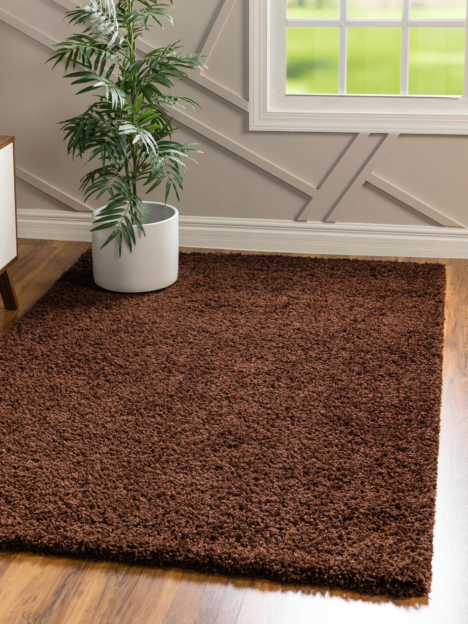 Chocolate Brown 1' x 1' Solid Shag Sample Area Rug Thick Soft Touch Fluffy & Plush Shaggy Pile Durable Minimalist Carpet for Classic Interior Design for Sale at Rug Engine