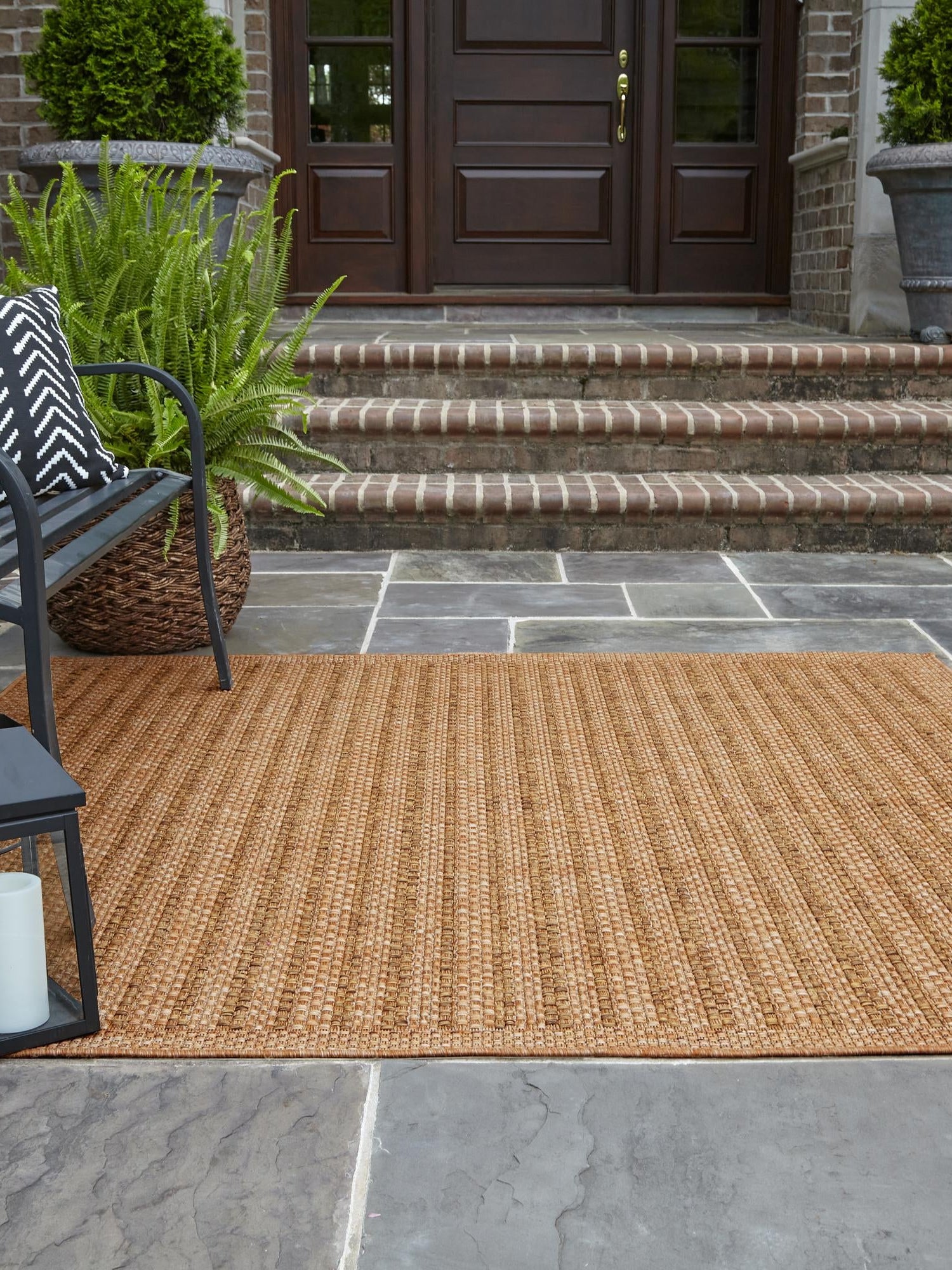 Light Brown 6' 1 x 6' 1 Outdoor Border Square Area Rug Weather Resistant for Patio, Deck, Terrace, Balcony, Porch 100% Polypropylene Classic Bordered Carpet for Sale at Rug Engine