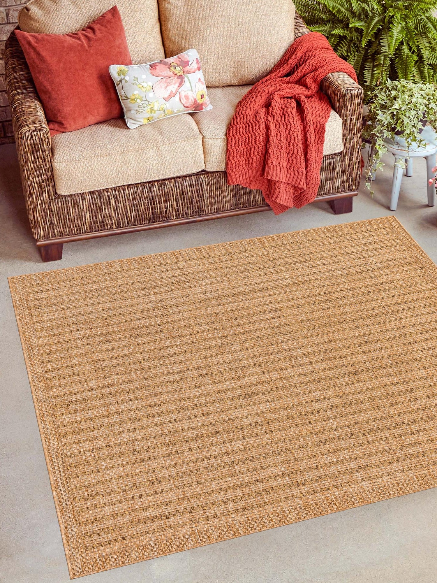 Light Brown 6' 1 x 6' 1 Outdoor Border Square Area Rug Weather Resistant for Patio, Deck, Terrace, Balcony, Porch 100% Polypropylene Classic Bordered Carpet for Sale at Rug Engine